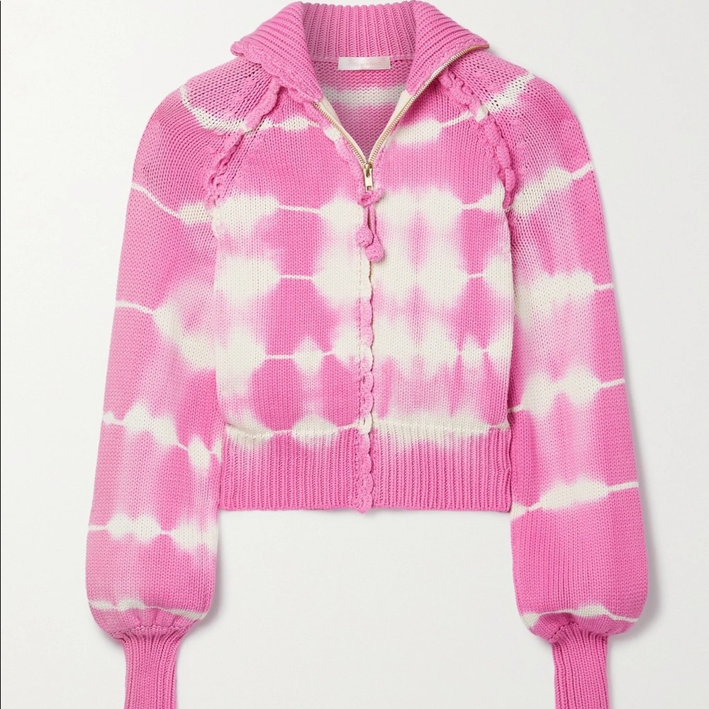 NWT adorable LoveShackFancy zip up sweater in pink hand die